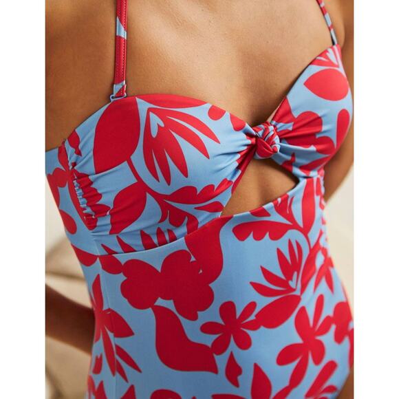 Boden Knot Bandeau One Piece Swimsuit Blue with Red Floral Size UK 10 US 6 - Picture 6 of 13